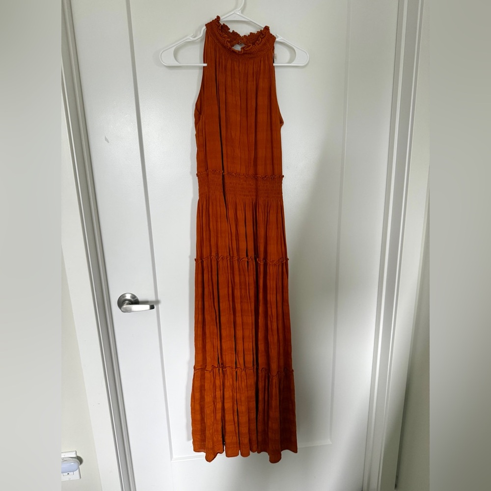 Orange Ruffle Maxi Dress Mediterranean Style High Neck Sleeveless